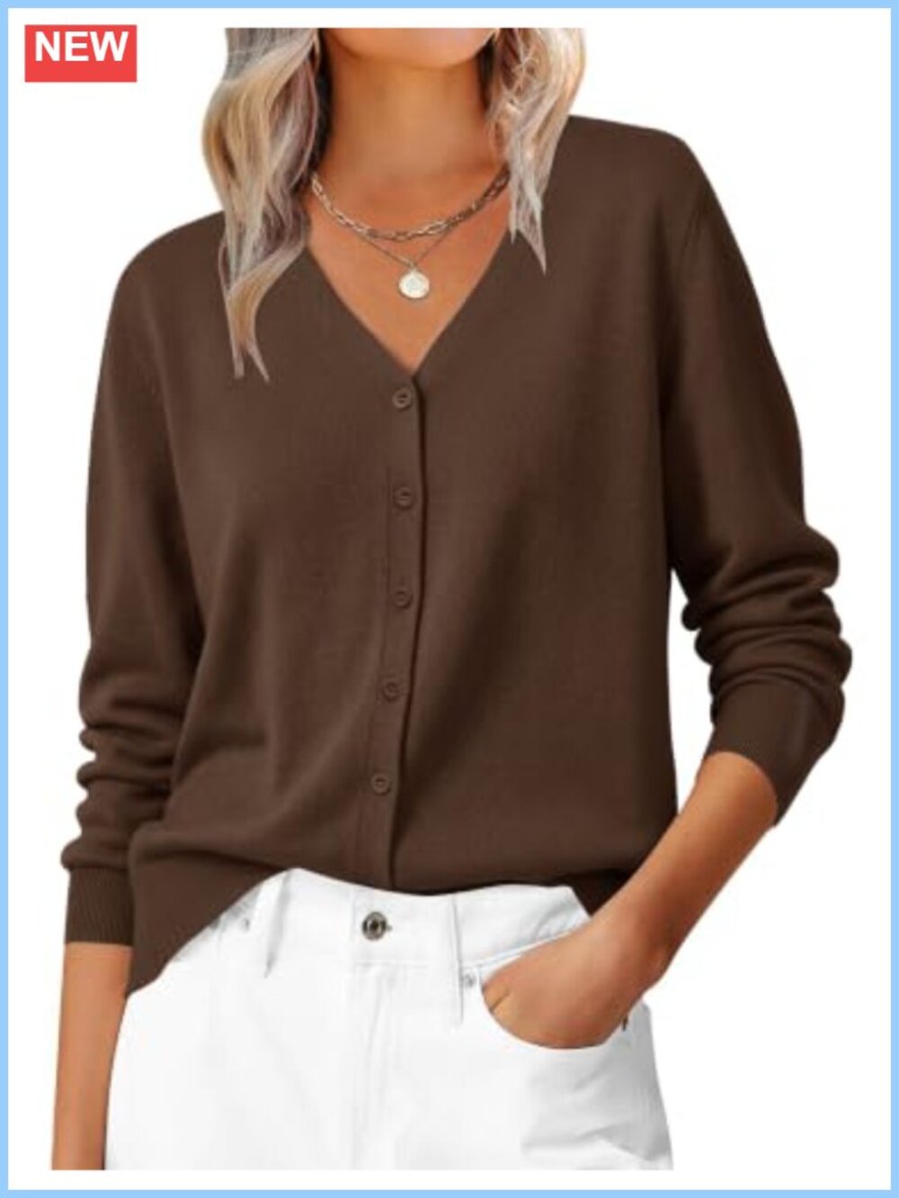 Wool Blend Lightweight V-Neck Button Cardigan Sweater Long Sleeve